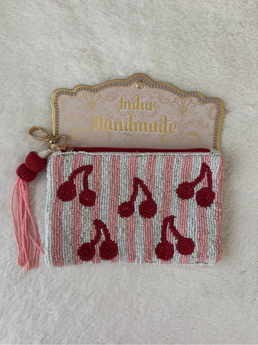 NWT India Handmade Beaded Pouch Cherries Pink Red White Viral tik tok tassel